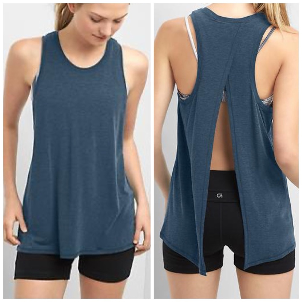 GapFit Breathe Sleeveless Split-Back Tie-Back Tank Top Heathered Blue